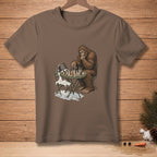 Bigfoot plays chess with spilled milk and a carrot on the table.