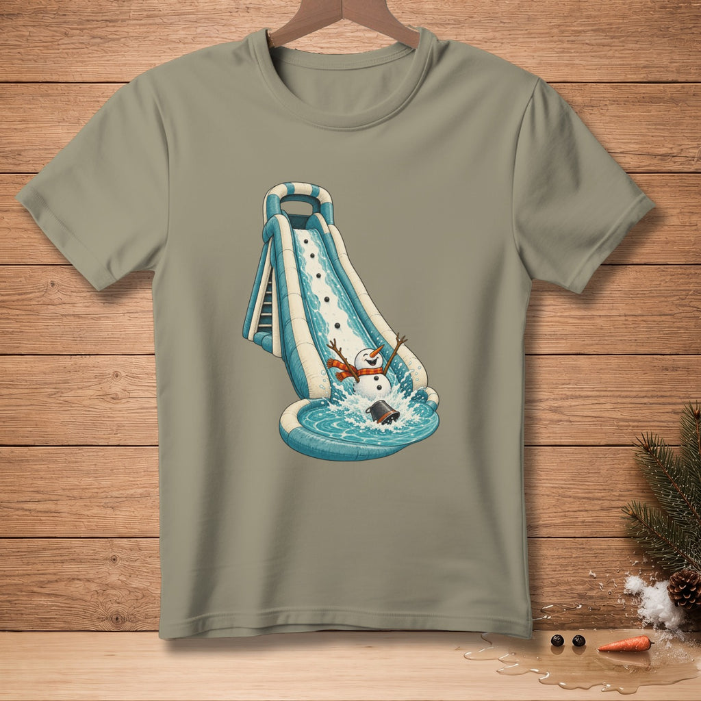 Snowman sliding down water slide into pool with bucket.
