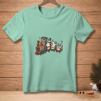 Light mint t-shirt with a cartoon train and snowmen design, featuring "ALL ABOARD."