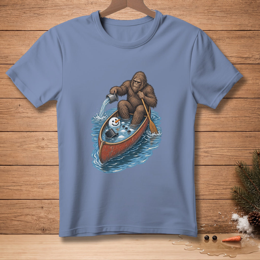 Bigfoot in a canoe pouring water on a melting snowman.