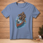 Bigfoot in a canoe pouring water on a melting snowman.