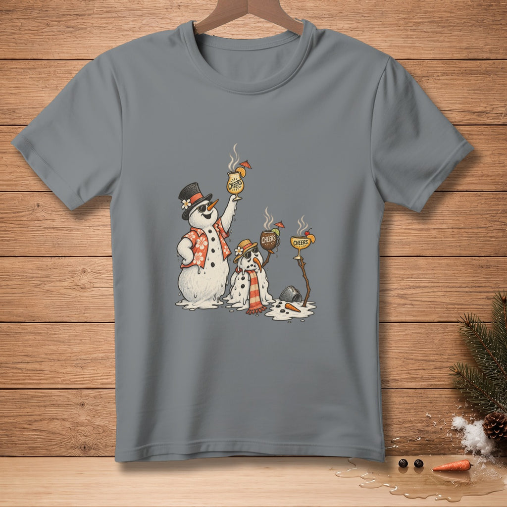 Three melting snowmen in Hawaiian shirts and hats toast drinks that say "Cheers."