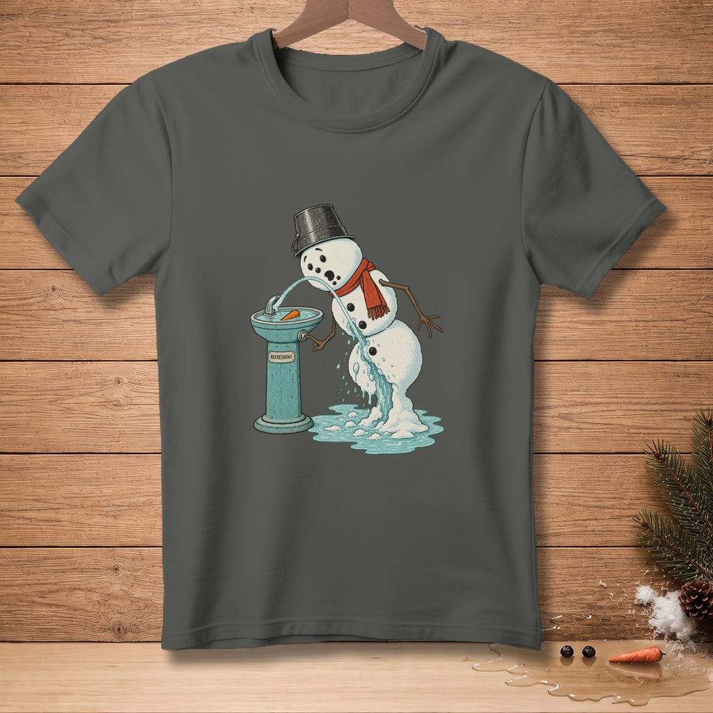 Melting snowman drinks from a fountain labeled "Refreshing," surrounded by puddles.