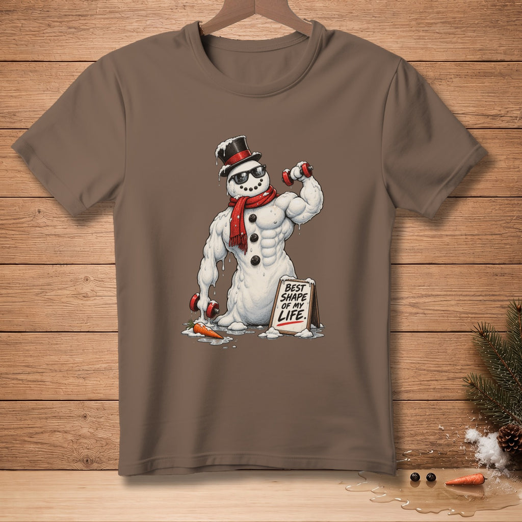 Muscular snowman in sunglasses and top hat lifts weights, holding sign saying "BEST SHAPE OF MY LIFE."