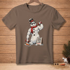 Muscular snowman in sunglasses and top hat lifts weights, holding sign saying "BEST SHAPE OF MY LIFE."