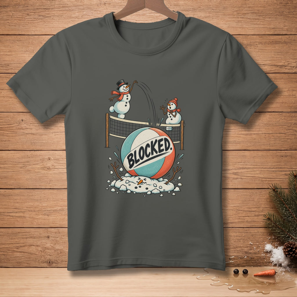 Gray t-shirt featuring snowmen playing volleyball with the word "BLOCKED" on the ball.