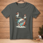 Gray t-shirt featuring snowmen playing volleyball with the word "BLOCKED" on the ball.