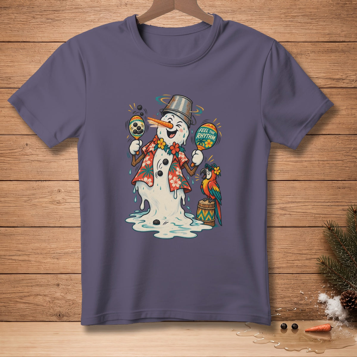 Melting snowman in Hawaiian shirt, playing maracas, with parrot. "Feel the Rhythm."