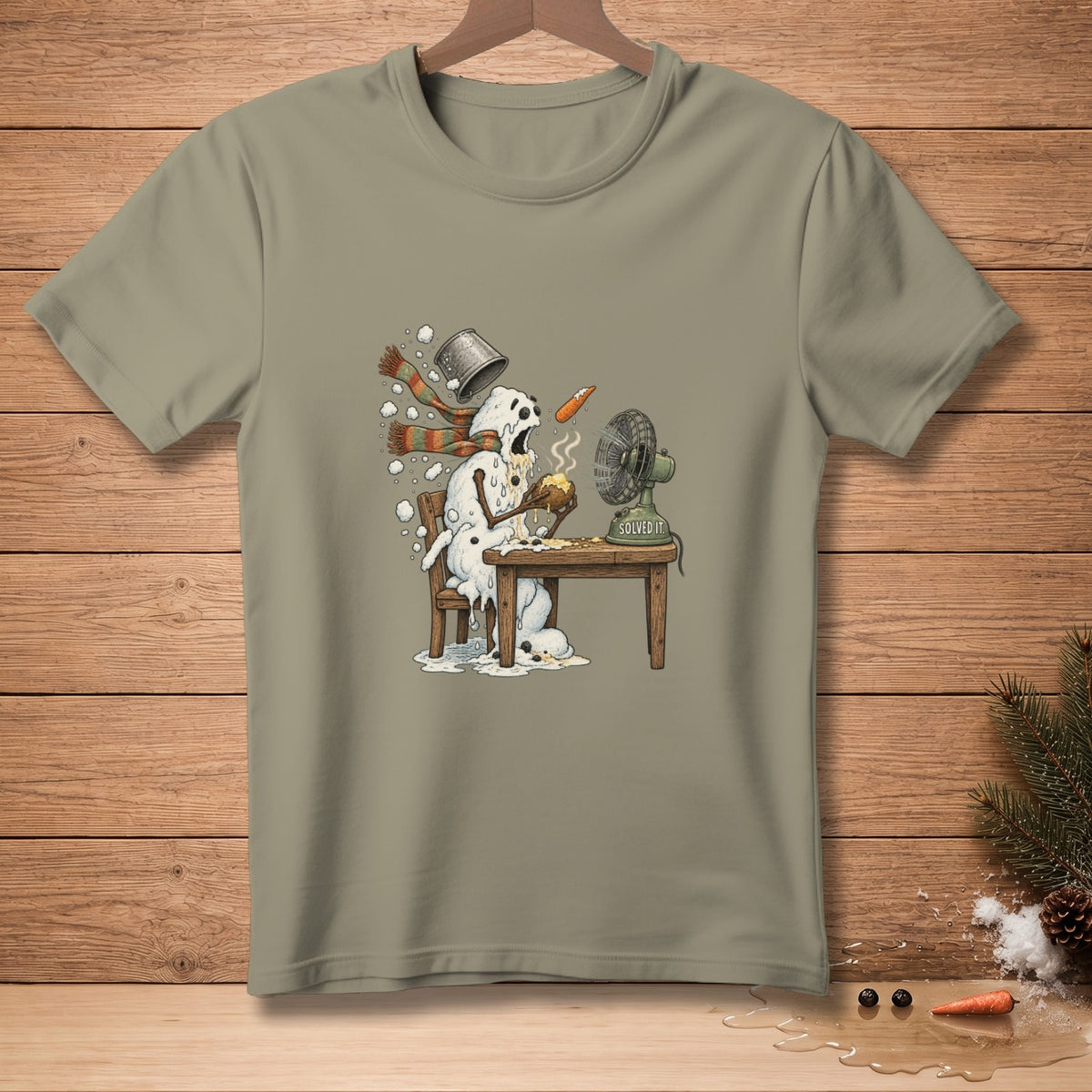 Melting snowman in a scarf sits at a table with a fan blowing, text "SOLVED IT".