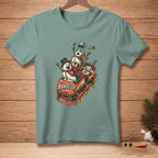 Snowmen riding a rollercoaster with "Hands Up" on the cart.