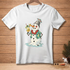White t-shirt with melting snowman wearing Hawaiian shirt and holding cocktail.