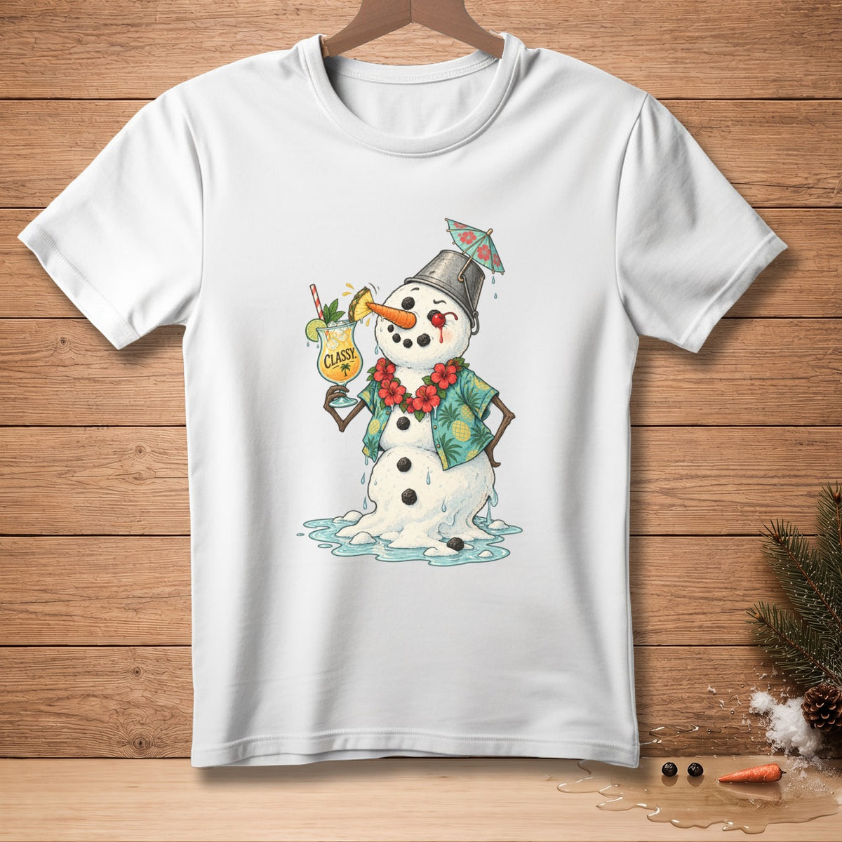 White t-shirt with melting snowman wearing Hawaiian shirt and holding cocktail.