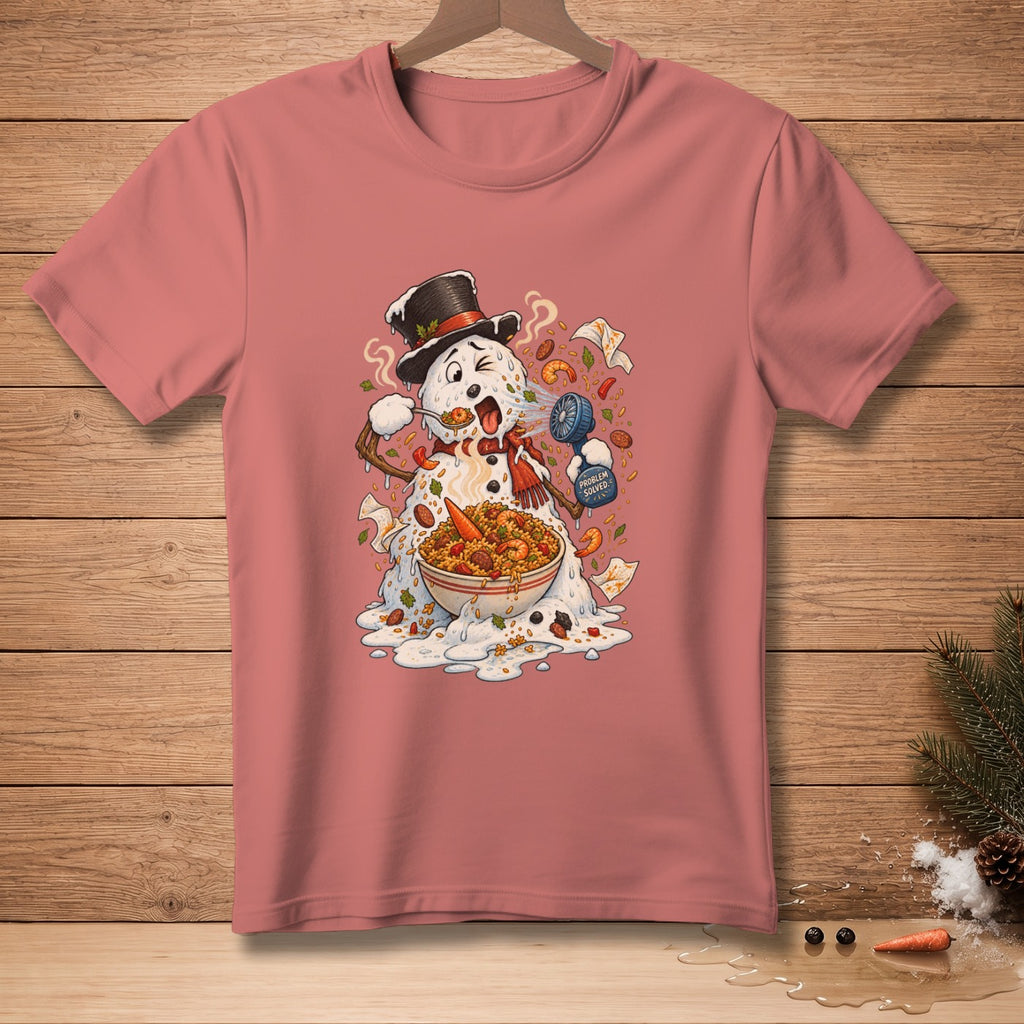 Melting snowman with hat eating paella and holding a spray bottle labeled "Problem Solved".