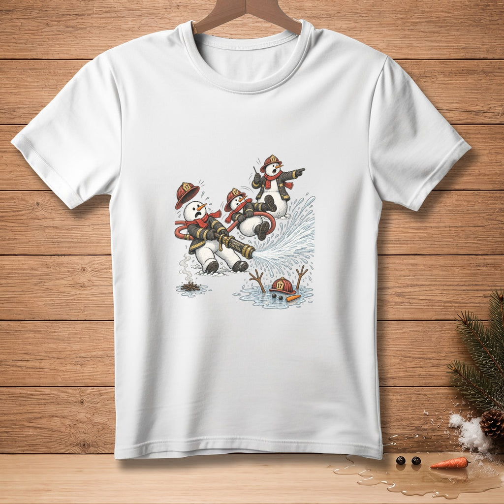 Snowmen in firefighter gear spray water from a hose, melting a snowman in a puddle.