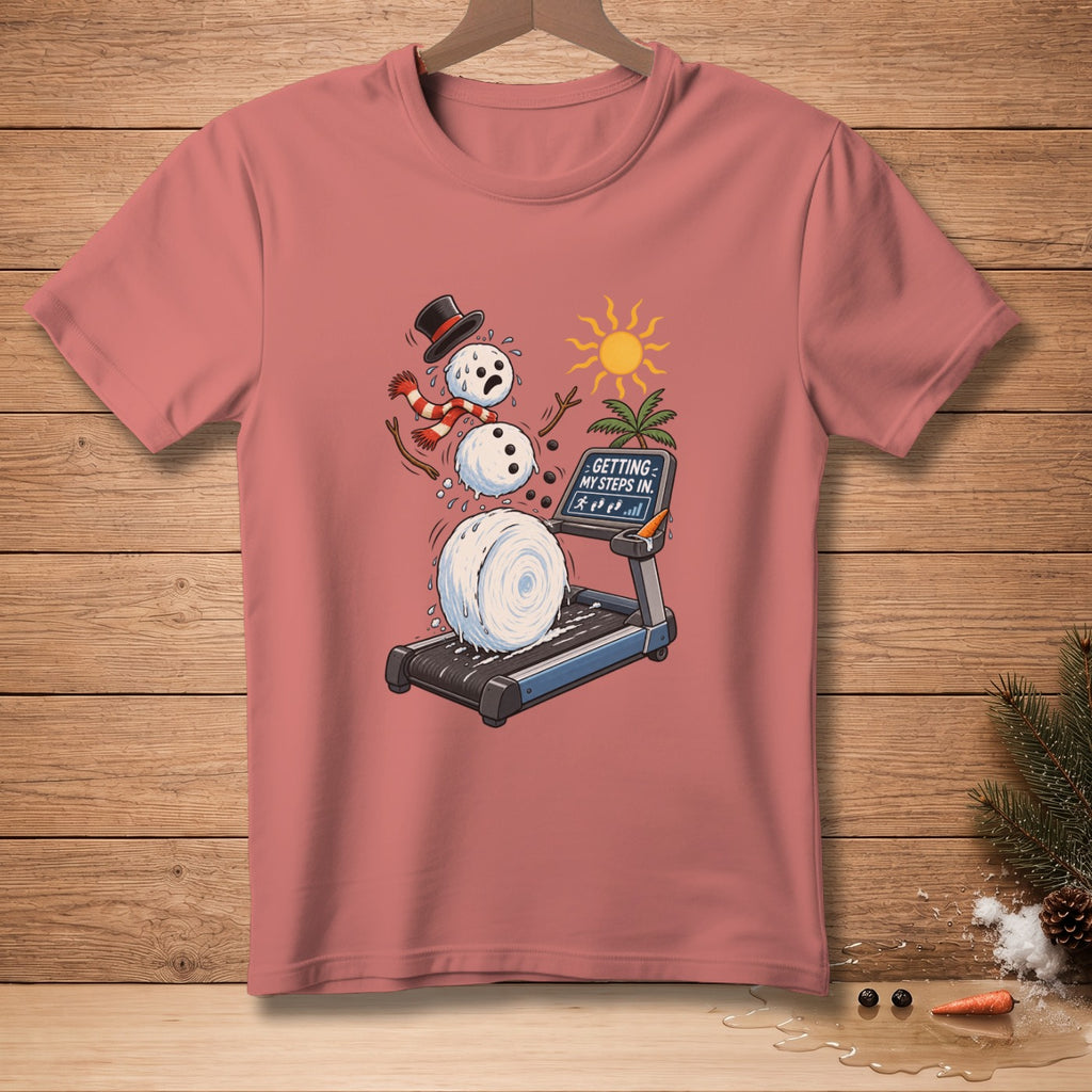Snowman on treadmill with text "GETTING MY STEPS IN."