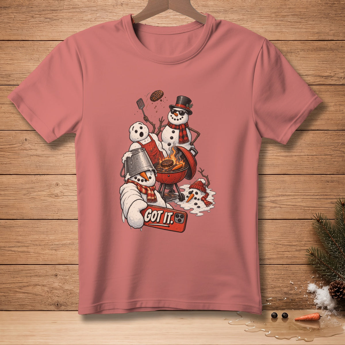 Snowmen grilling and taking a selfie with a phone that says "GOT IT."