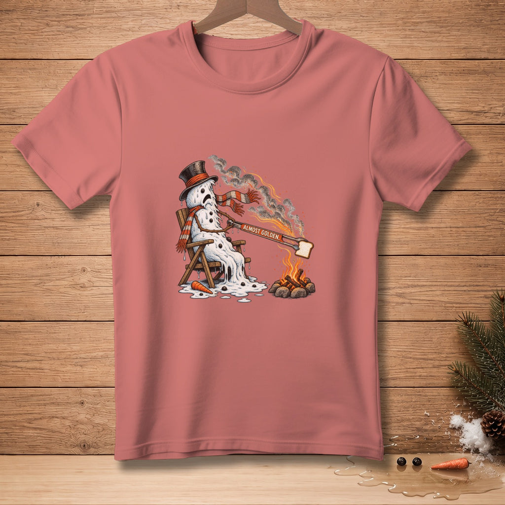 T-shirt graphic of melting snowman toasting bread, with text "Almost Golden."