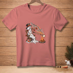 T-shirt graphic of melting snowman toasting bread, with text "Almost Golden."