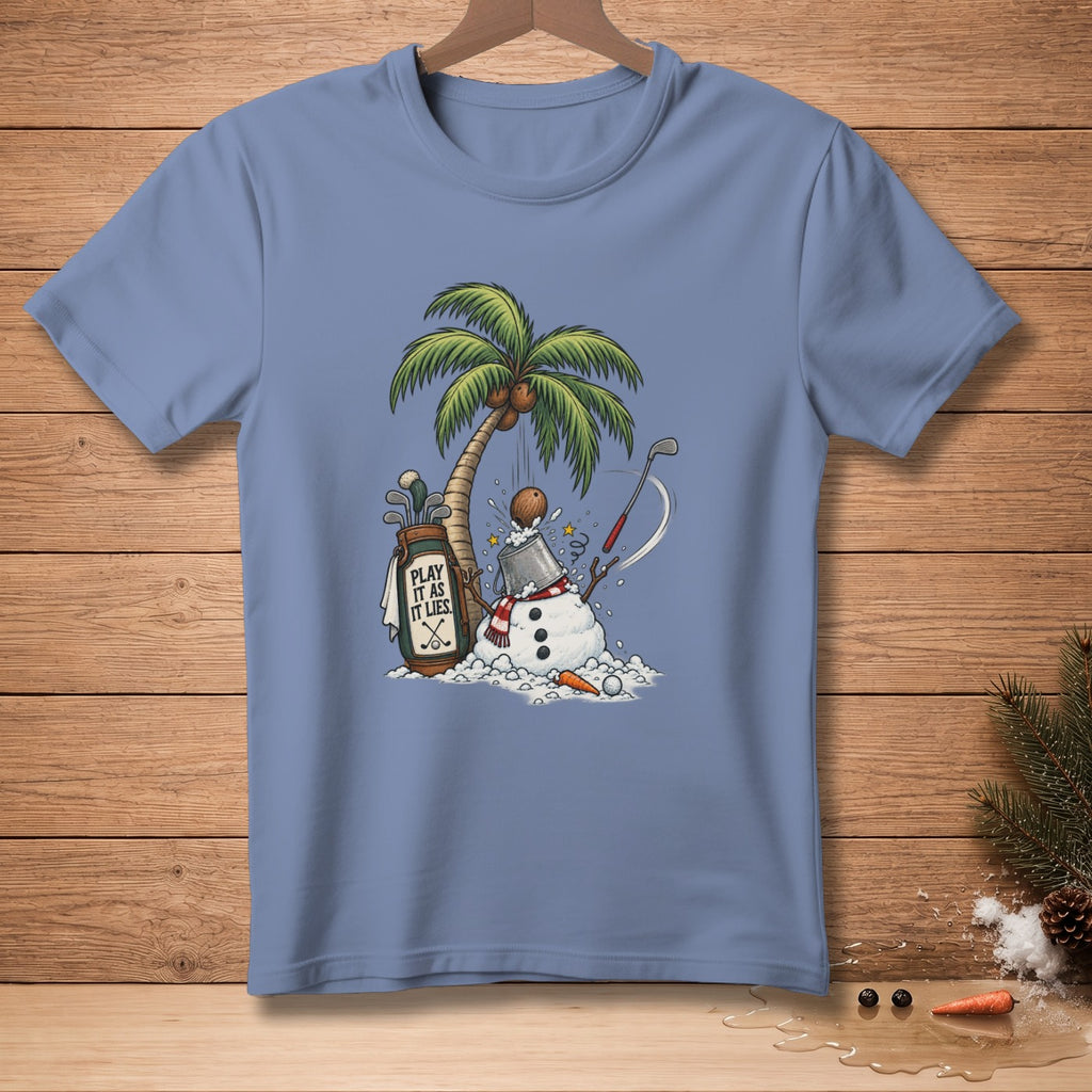 Golfer snowman under palm tree with golf bag and text "PLAY IT AS IT LIES."