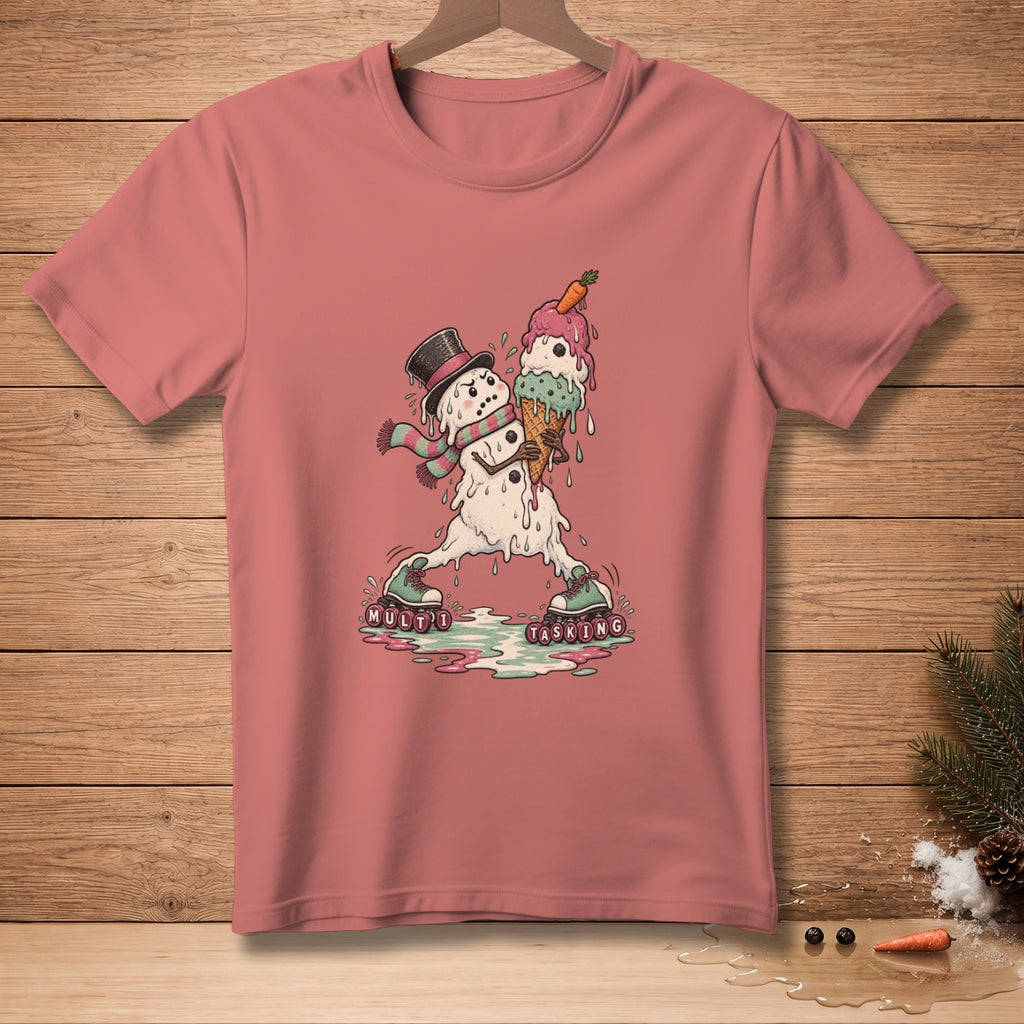 T-shirt with melting snowman on roller skates holding ice cream cones, "Multitasking" text.