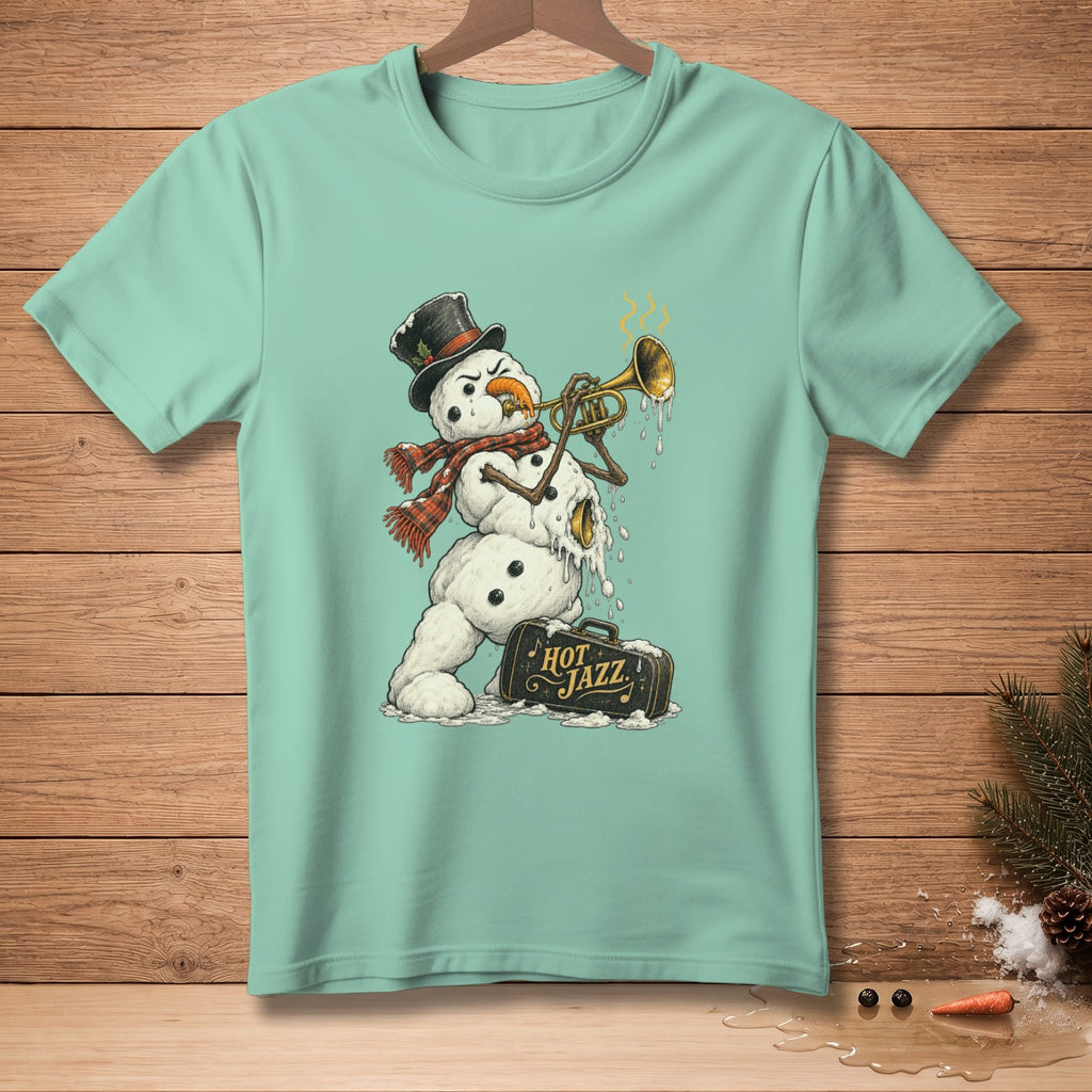 Melting snowman playing trumpet with "HOT JAZZ" briefcase.