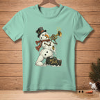 Melting snowman playing trumpet with "HOT JAZZ" briefcase.