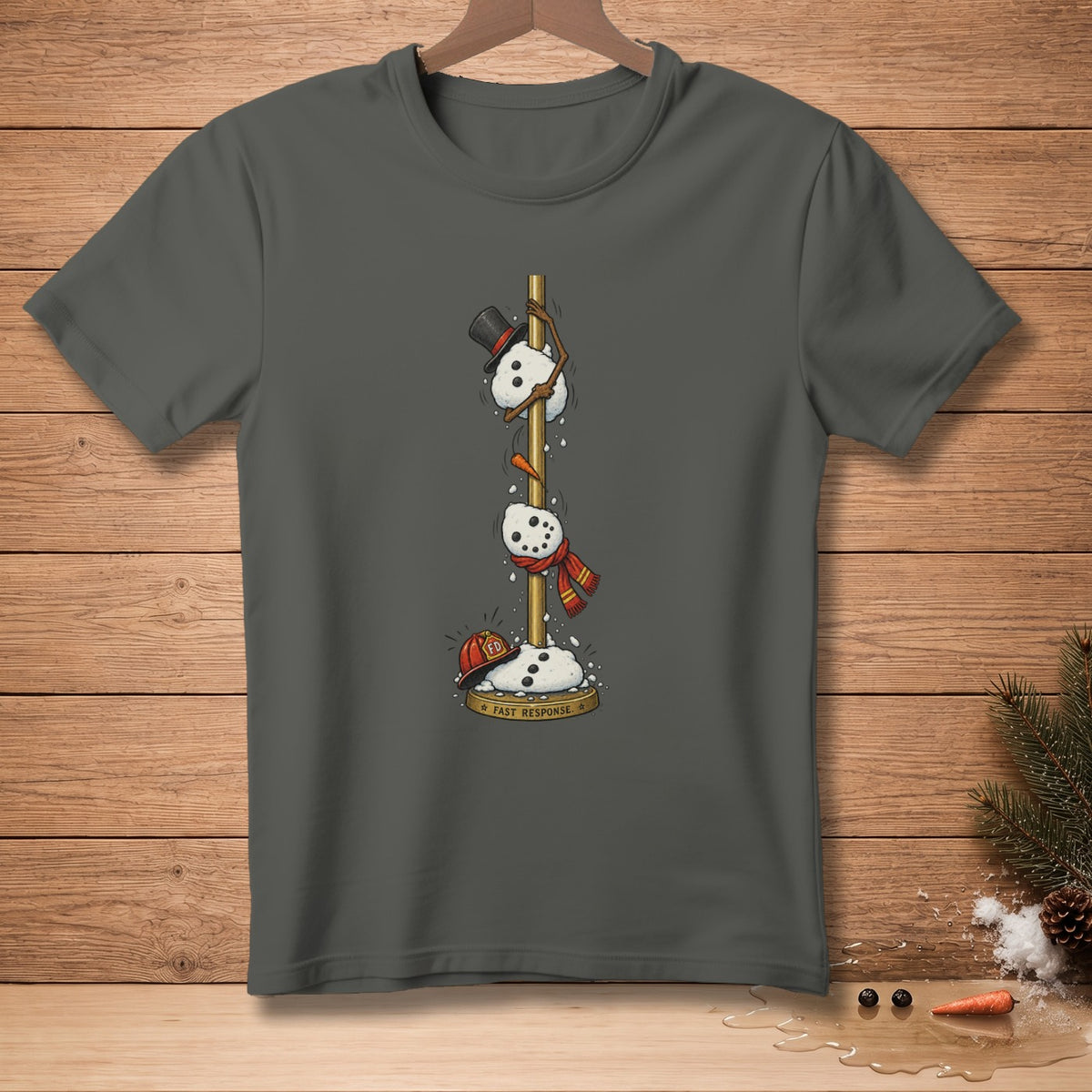 Three snowmen climb a pole with text "FAST RESPONSE" at the base.