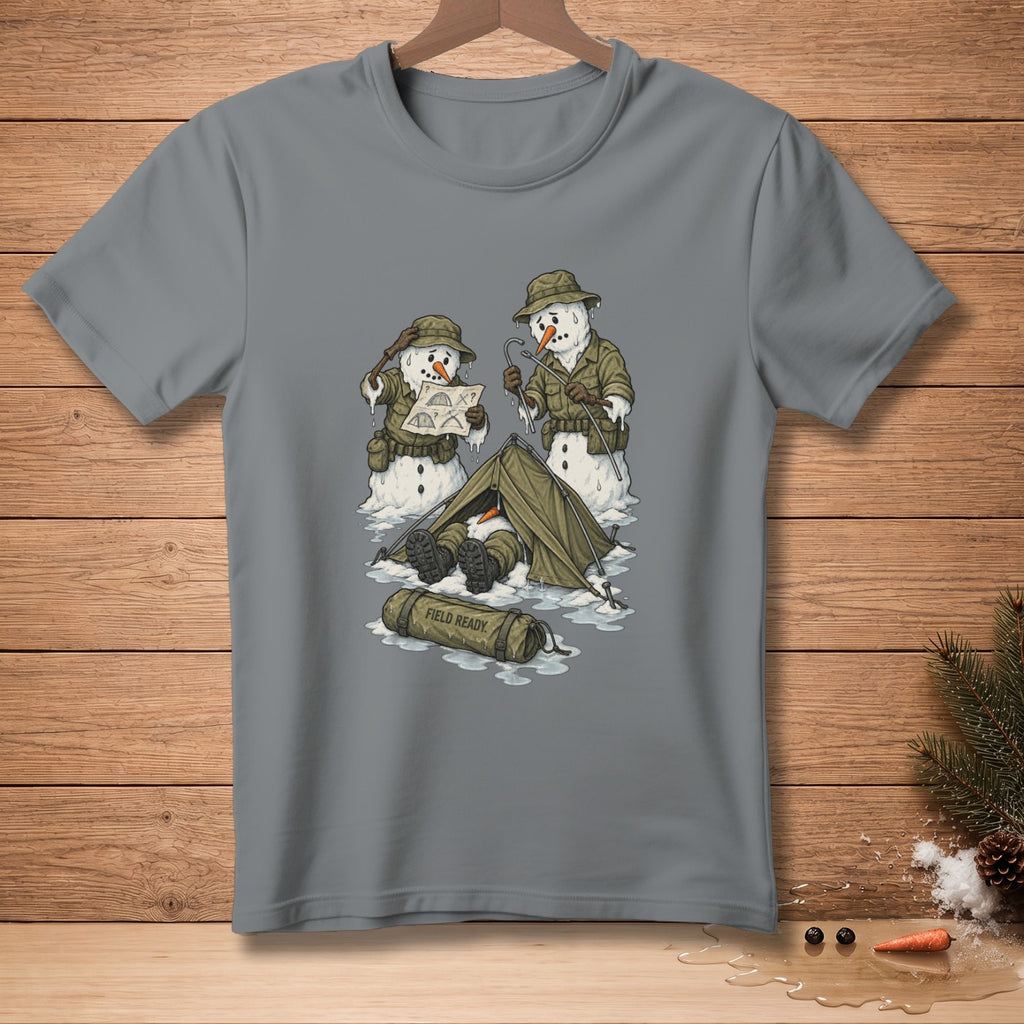 Snowmen in military gear with a map and tent, one with "Field Ready" text.