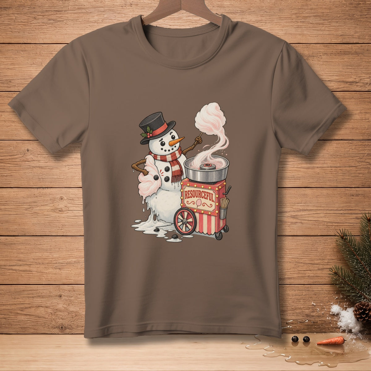Snowman making cotton candy next to a red and white striped cart labeled "RESOURCEFUL".