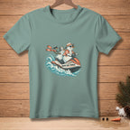 Snowmen in sunglasses riding a jet ski with text "ROOM FOR THREE."