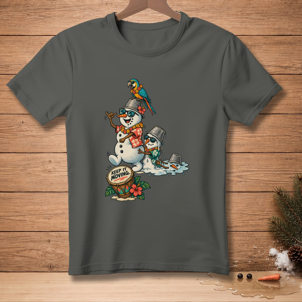 Snowmen in Hawaiian shirts and sunglasses with a parrot and drum reading "Keep It Moving."
