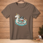 Brown t-shirt with a cartoon of a snowman and unicorn on a pool float.