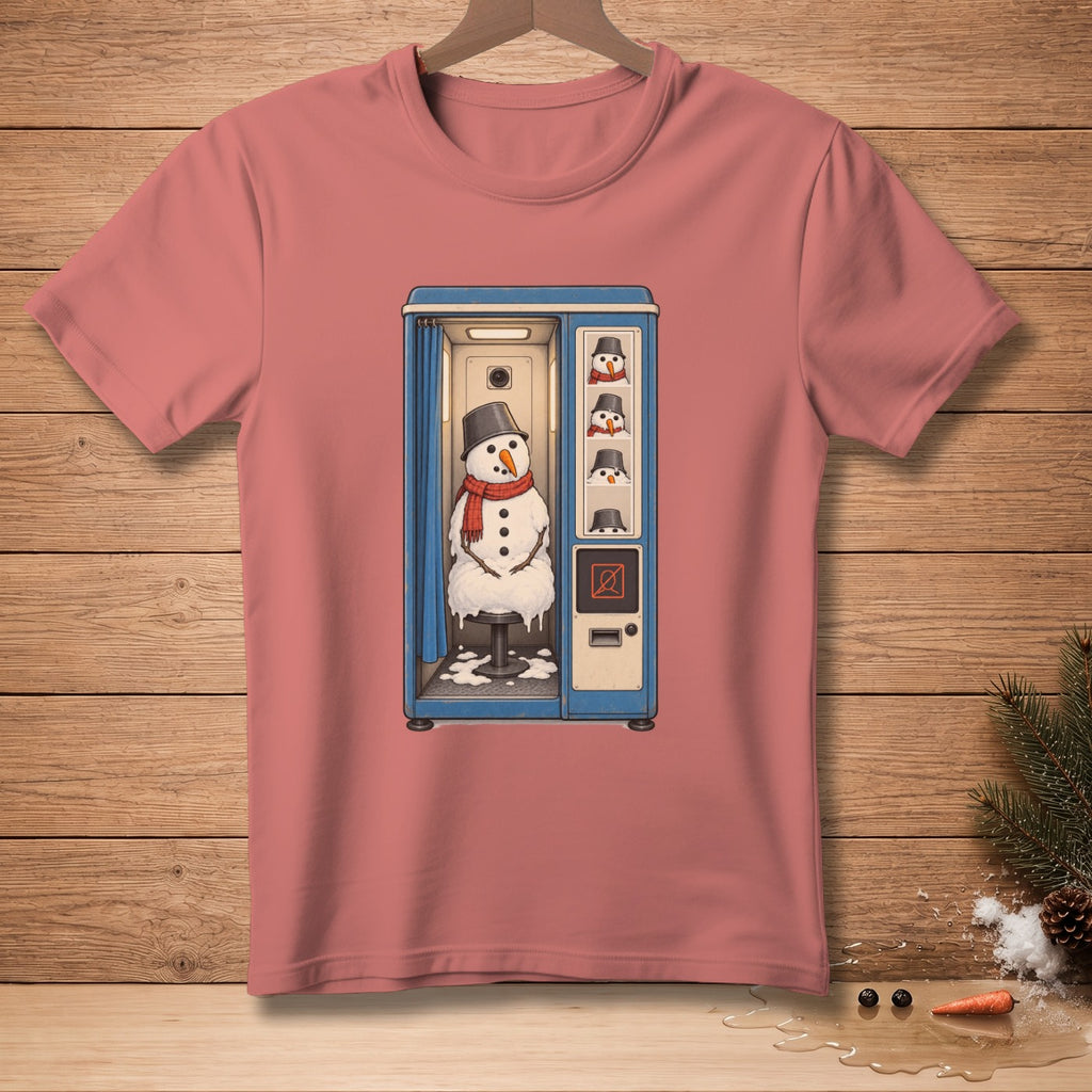 Snowman in a photo booth with melting snow and other snowmen photos.