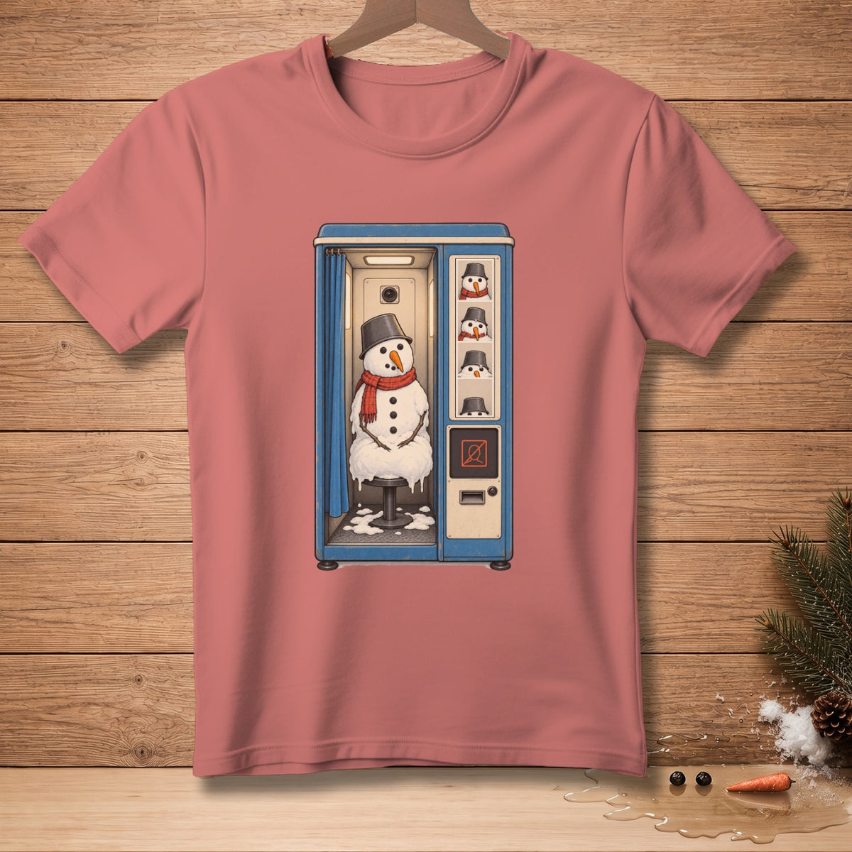 Snowman in a photo booth with melting snow and other snowmen photos.