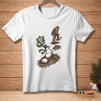 Bigfoot walks past a snowman in muddy footprints with a "Keep Up" sign.