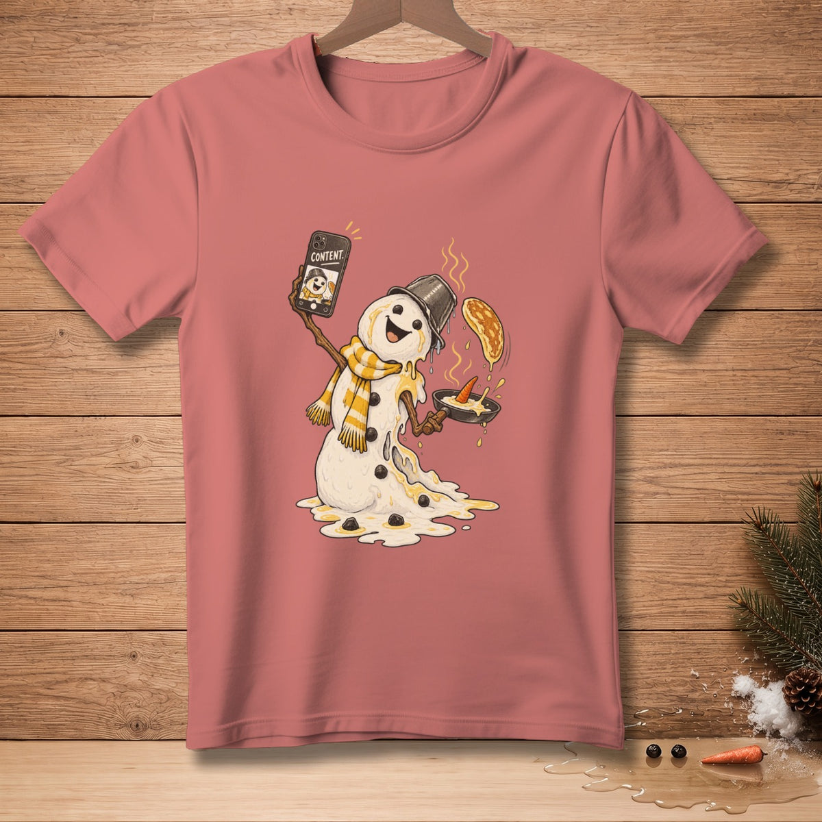 Melting snowman holding a phone showing "CONTENT" and a pancake.