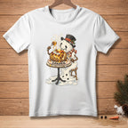 Melting snowman in top hat eating a loaded baked potato from a table.
