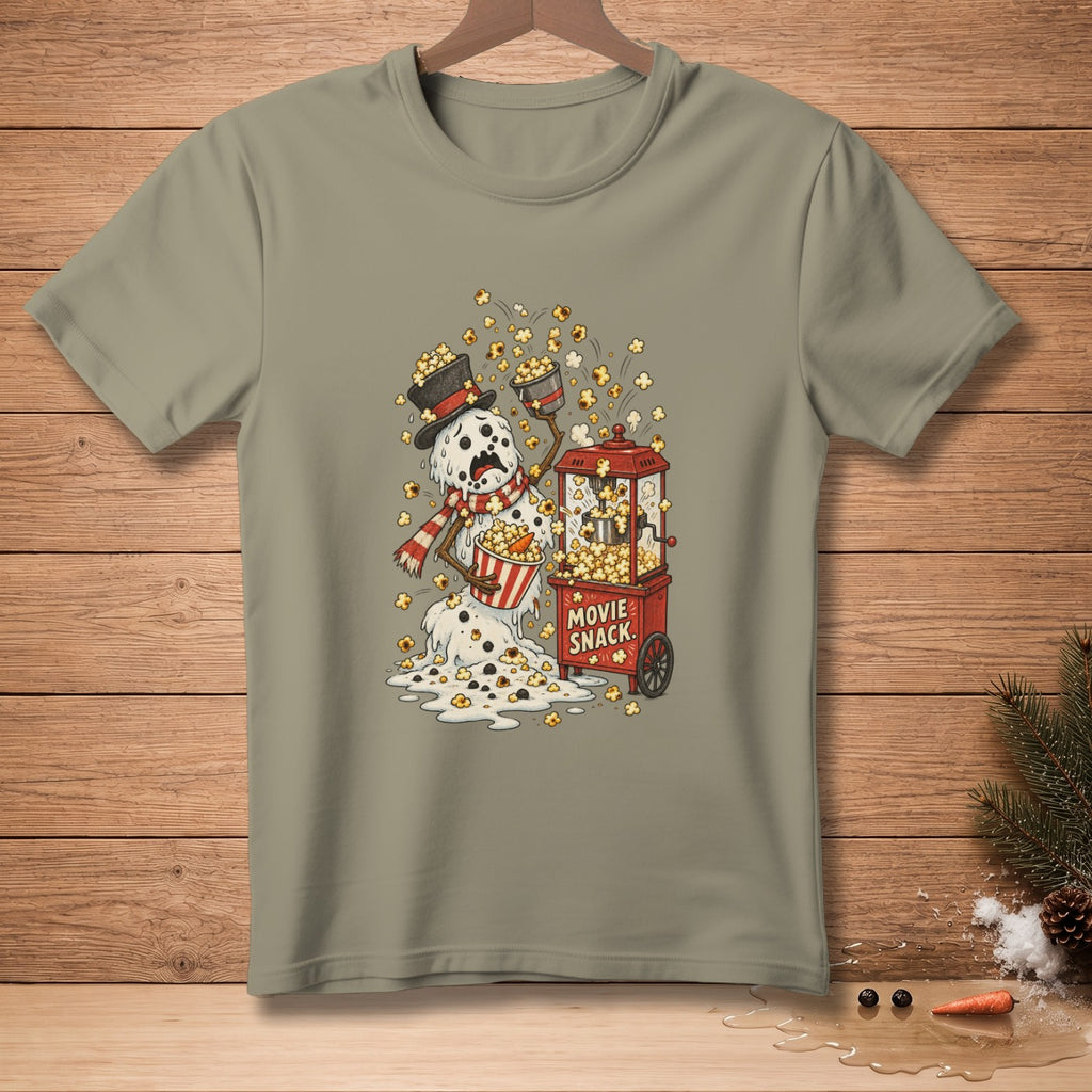 Melting snowman with a popcorn machine and a bucket of popcorn.