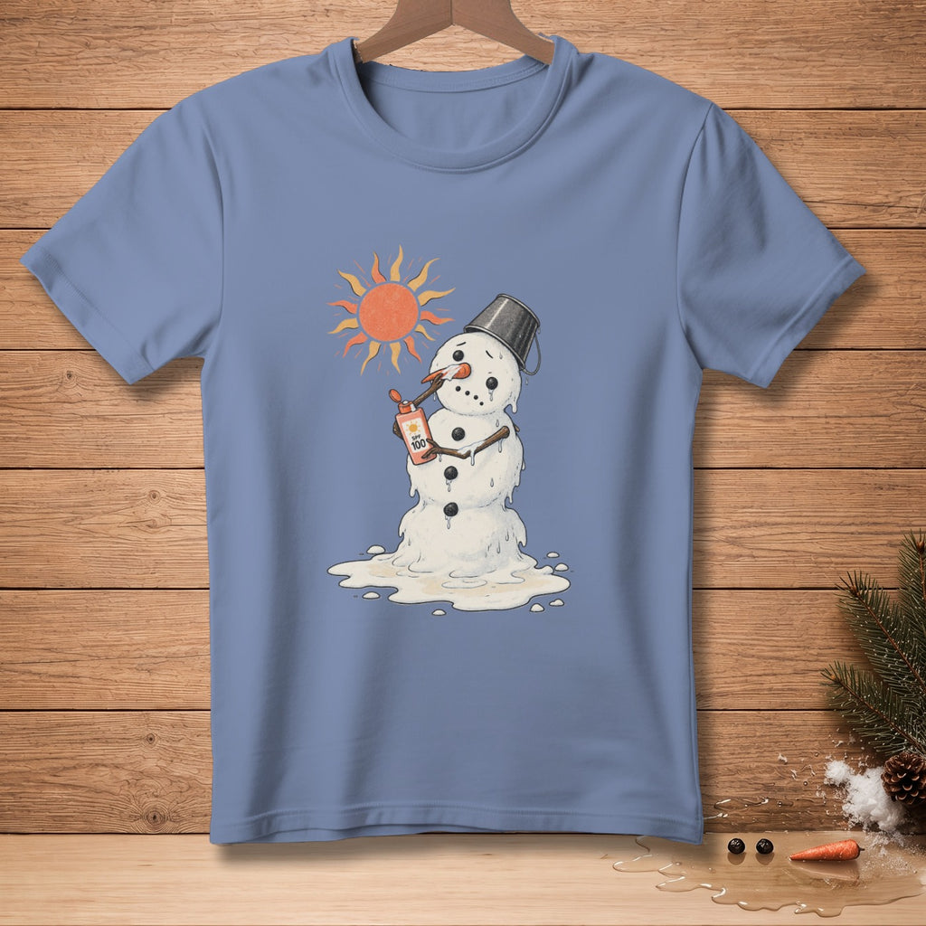 Melting snowman with sunscreen bottle under a hot sun graphic on a blue t-shirt.