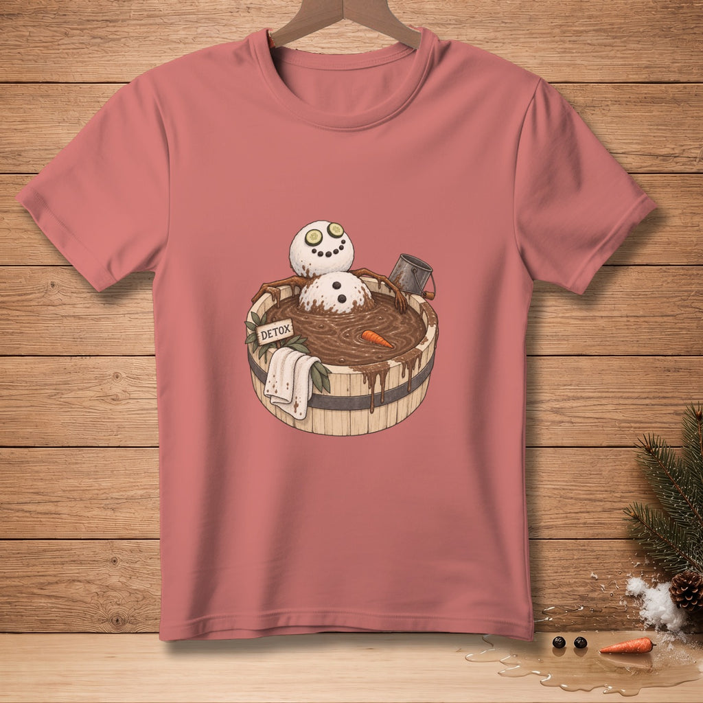 Snowman in a mud bath with cucumber slices and "DETOX" sign on t-shirt.