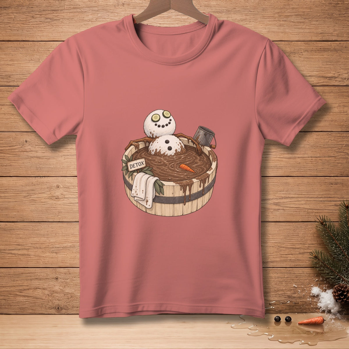 Snowman in a mud bath with cucumber slices and "DETOX" sign on t-shirt.