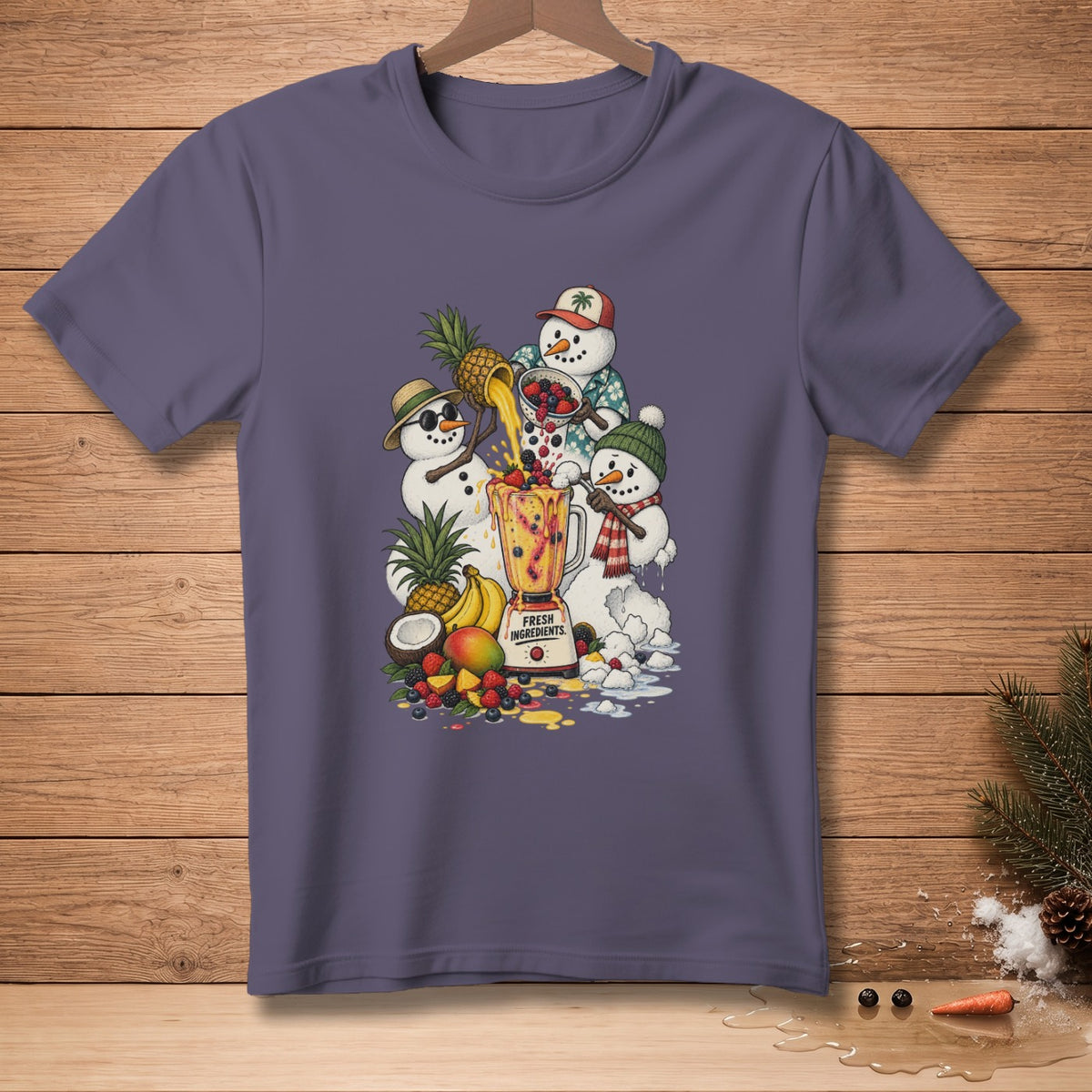 Three snowmen make a smoothie with fruit and a blender labeled "Fresh Ingredients".