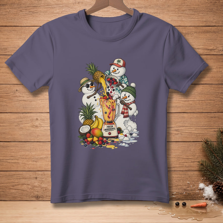Three snowmen make a smoothie with fruit and a blender labeled "Fresh Ingredients".
