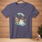 T-shirt with melting snowman wearing sunglasses, holding a wine bottle and glass.