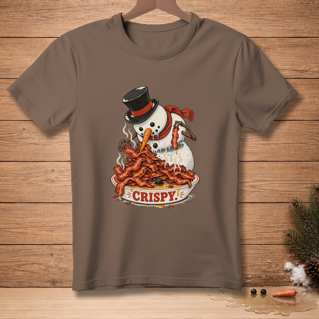 Snowman wearing a top hat and scarf eating crispy bacon from a bowl.