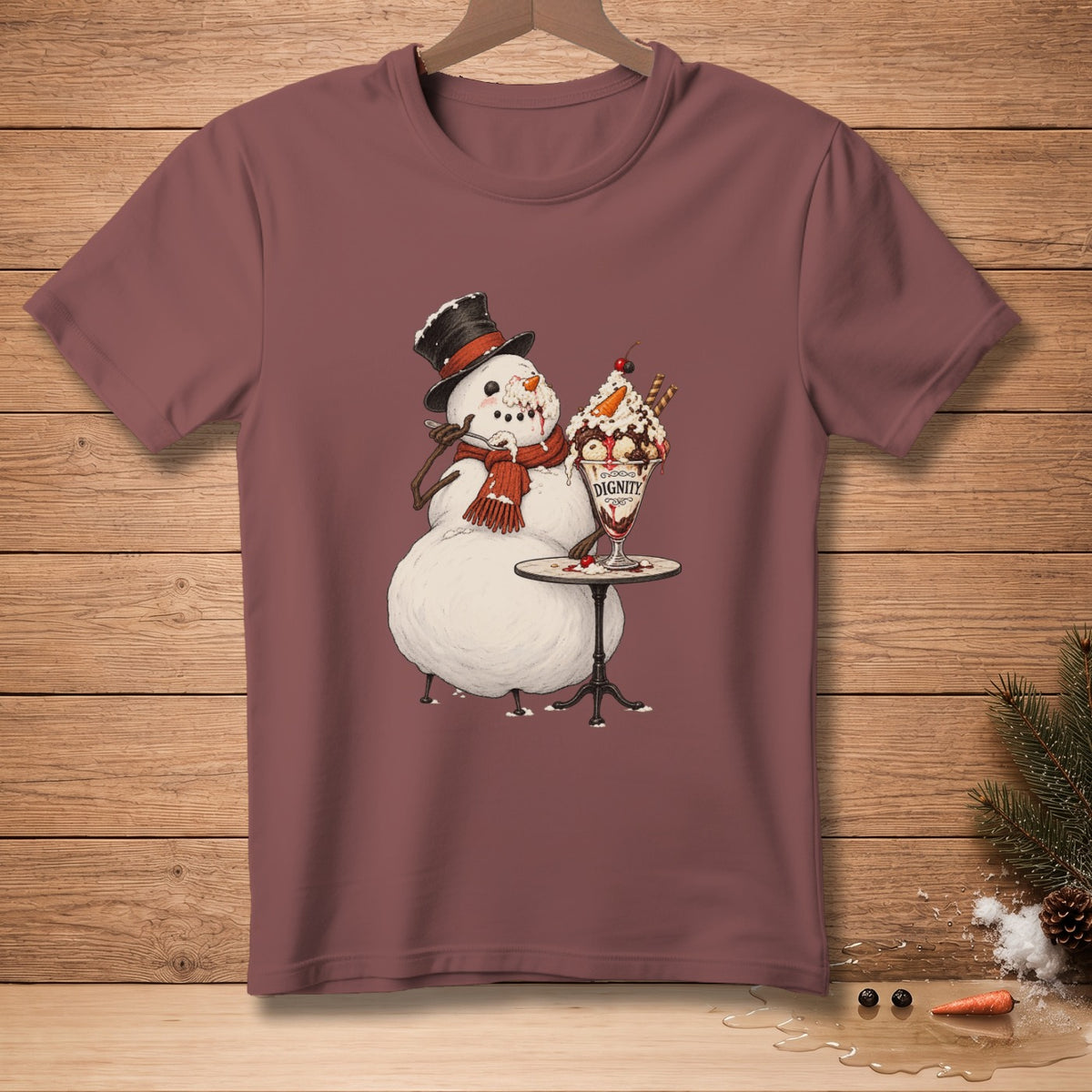 Snowman in top hat and scarf eating sundae with text "DIGNITY" on the glass.