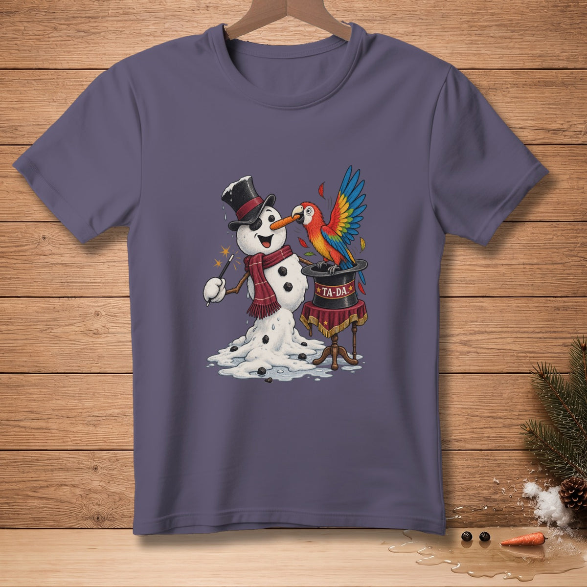 Snowman with a parrot on a magic hat that says "TA-DA".