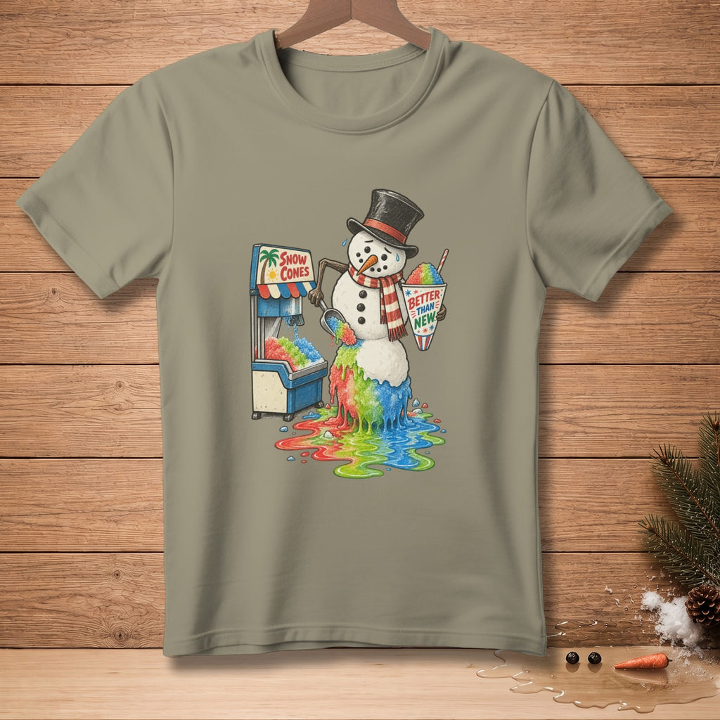 Melting snowman with a snow cone machine, cup reading "Better Than New."