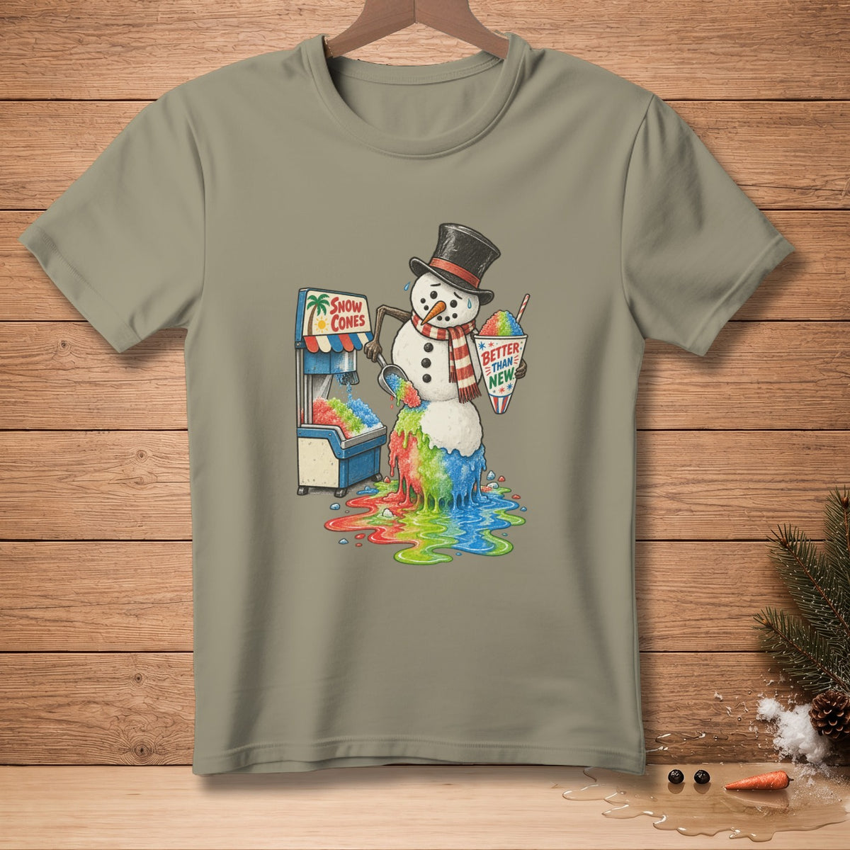 Melting snowman with a snow cone machine, cup reading "Better Than New."