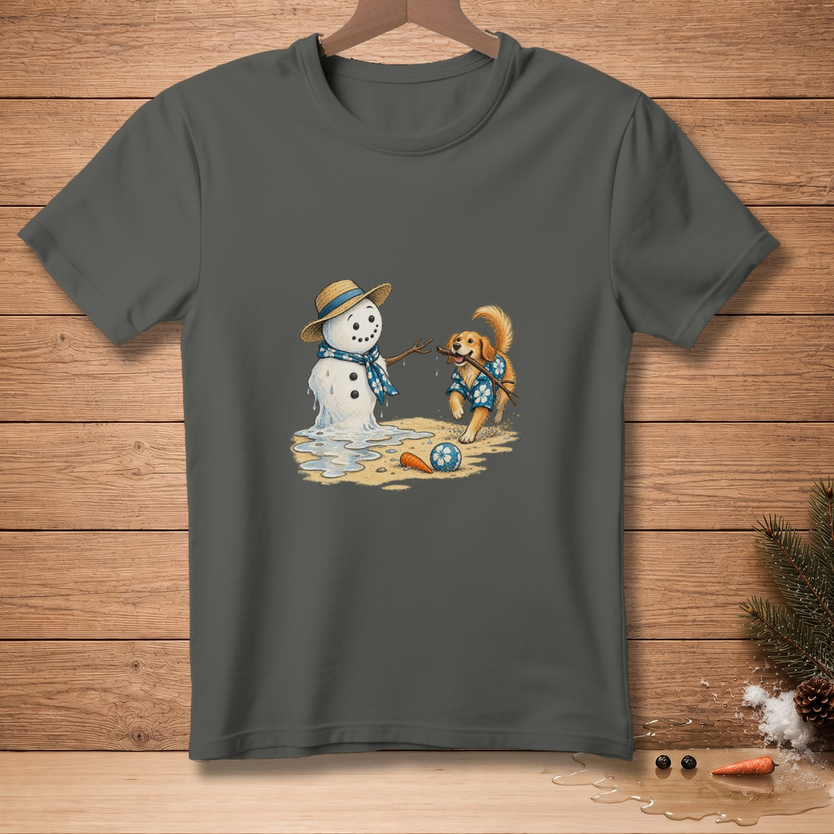 Melting snowman with straw hat and scarf, and a dog playing with a stick.